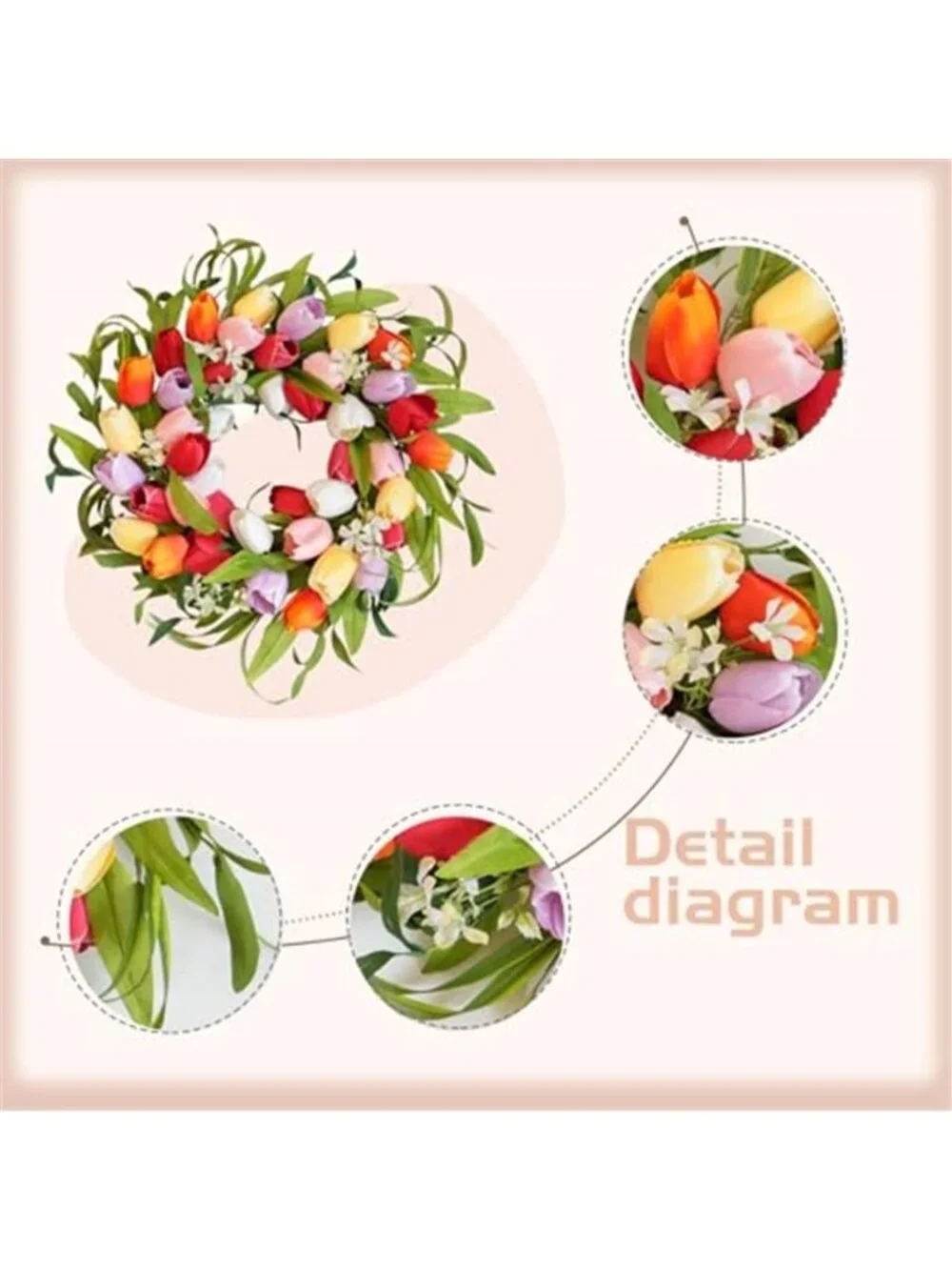 20 Inch Spring Five-Color Tulip Wreath, Multicolored